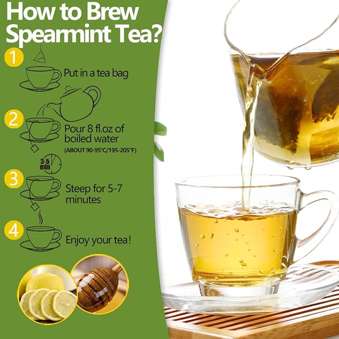 Premium 60 Spearmint Tea Bags, Made with 100% Pure Natural Spearmint Leaves, Caffeine Free & No Additives.