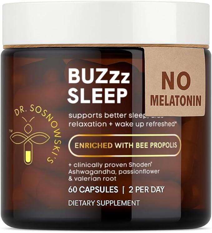 Dr Sosnowski's BUZzz Sleep Night Complex+ with Bee Propolis Triple Action Sleep Formula for Calmer Nights and Refreshing Mornings, Vegetable Capsules, 60ct