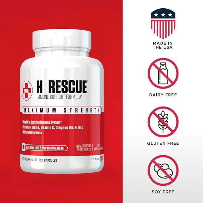 Re+Gen Nutrition H Rescue Immune Support Supplement for Adults, Capsules with Zinc, Vitamin C, L lysine Amino Acid & Oregano Oil for Immunity Health in Men & Women, 120 Capsules