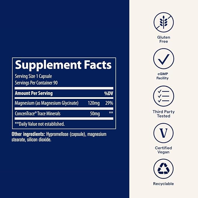Trace Minerals Magnesium Glycinate 120mg - Bone Strength & Muscle Support - Magnesium Supplement to Aid Healthy Sleep Patterns & Relaxation - Support Nerve Function - 90 Capsules (90 Servings)