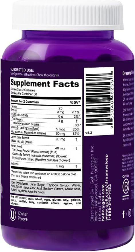 Goli Dreamy Sleep Gummy - 60 Count - Melatonin, Vitamin D, Magnesium, and Lemon Balm Extract - Gelatin-Free, Gluten-Free, Vegan & Non-GMO