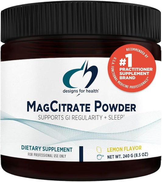 Designs for Health MagCitrate Powder - 300mg Powdered Magnesium Citrate to Support Calm + Regularity - Non-GMO, Gluten Free Delicious Drink Mix Add-in, Lemon Flavor (60 Servings / 240g)