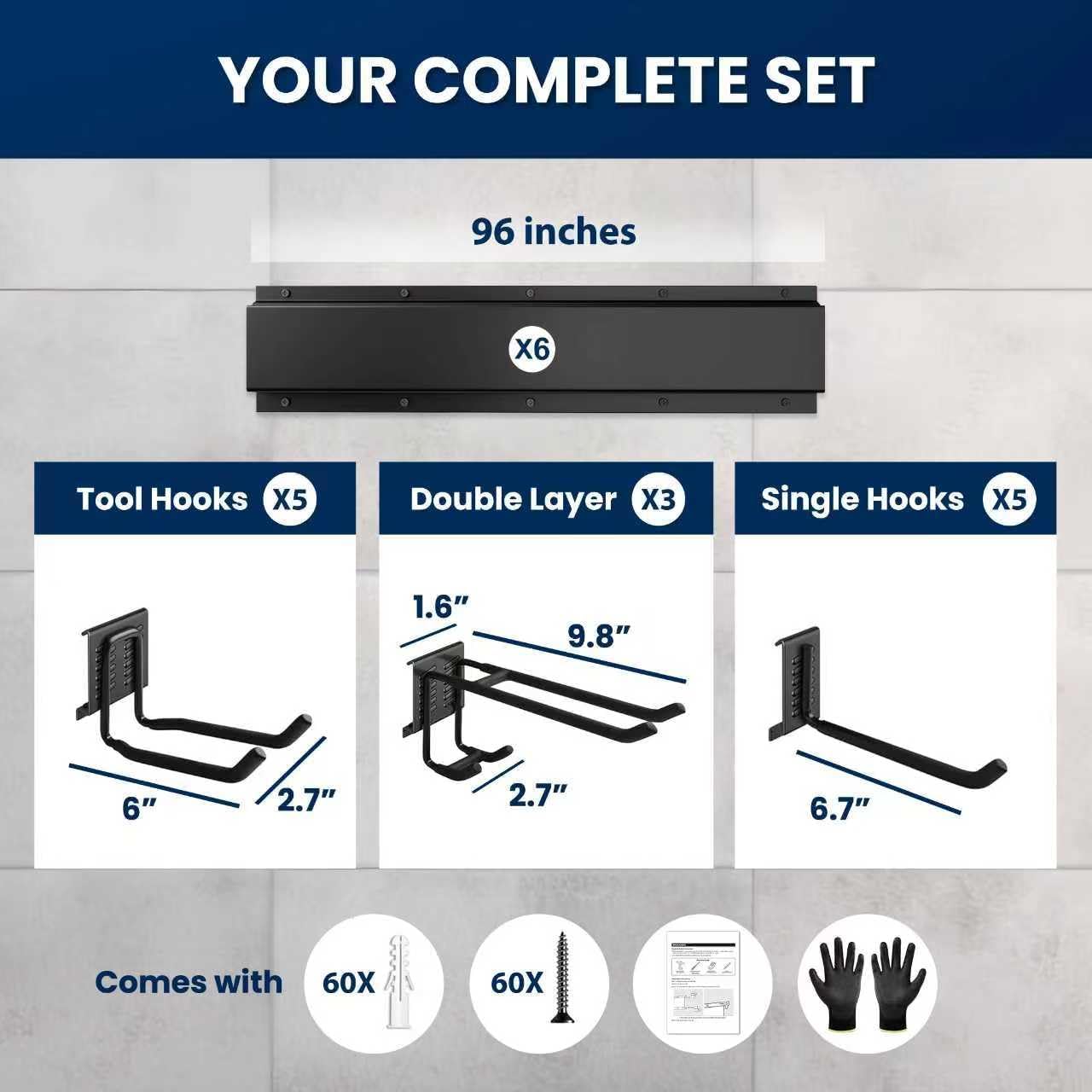 96'' All-Metal Garage Tool Organizer Wall Mount – Heavy-Duty Tool Rack Holds 960 lbs, Adjustable Hooks for Garage, Yard, and Garden Equipment