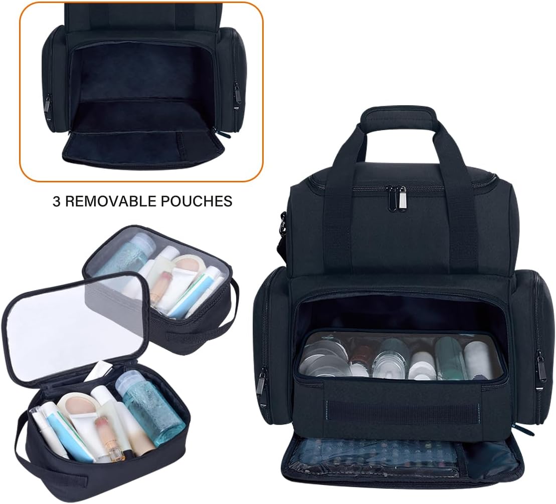 Large Makeup Cosmetic Bag with 3 Removable Case and 2 Removable Dividers Double Layer Travel Storage Organizer, Makeup Brushes Storage Section Black