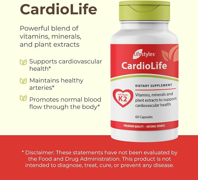 Lifestyles CardioLife Supplement - Herbal Heart Health Support with Vitamin K2 (MK7), Folic Acid, Beetroot, Cayenne Extract & More – Made in Canada – 60 Capsules (1)