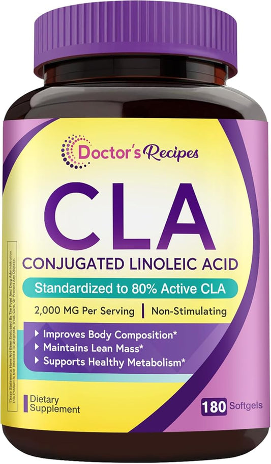 Doctor's Recipes CLA Supplements 2000mg, 80% Conjugated Linoleic Acid from Safflower Oil, for Women & Men, Non-Stimulating, Support Healthy Metabolism & Lean Mass, Non-GMO, 180 Softgels