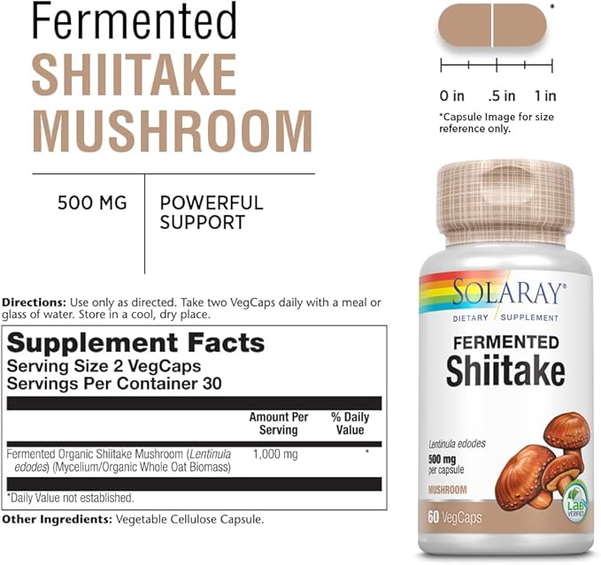 SOLARAY Fermented Shiitake Mushroom 500mg | Healthy Immune, Liver & Digestive Function Support | Non-GMO & Vegan | 60 VegCaps