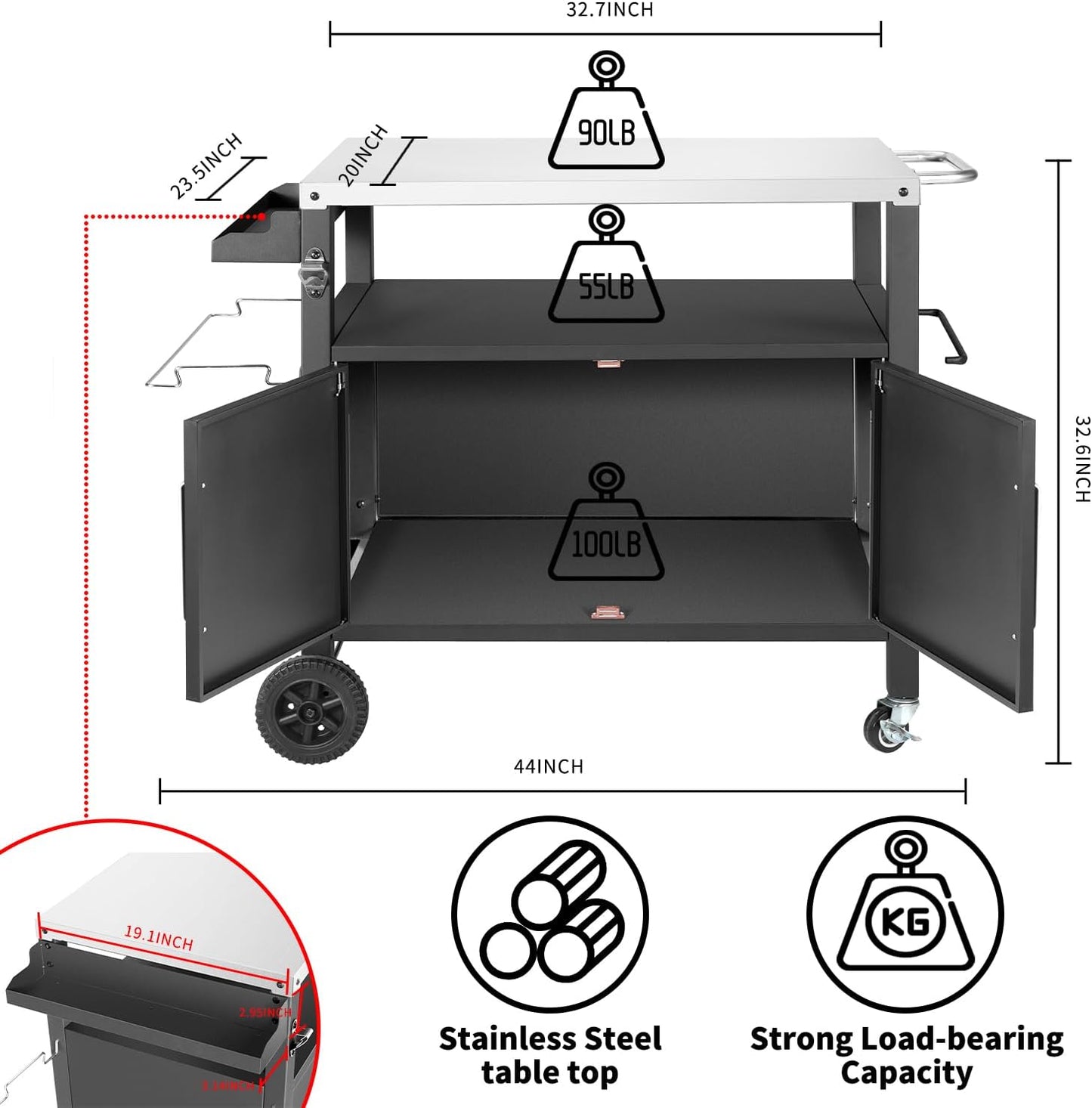 Dining Cart Table with Big Storage Cabinet, Movable Outdoor BBQ Grill Table Pizza Oven Stand, Kitchen Cart Island Multifunctional Food Prep for Inside and Outside