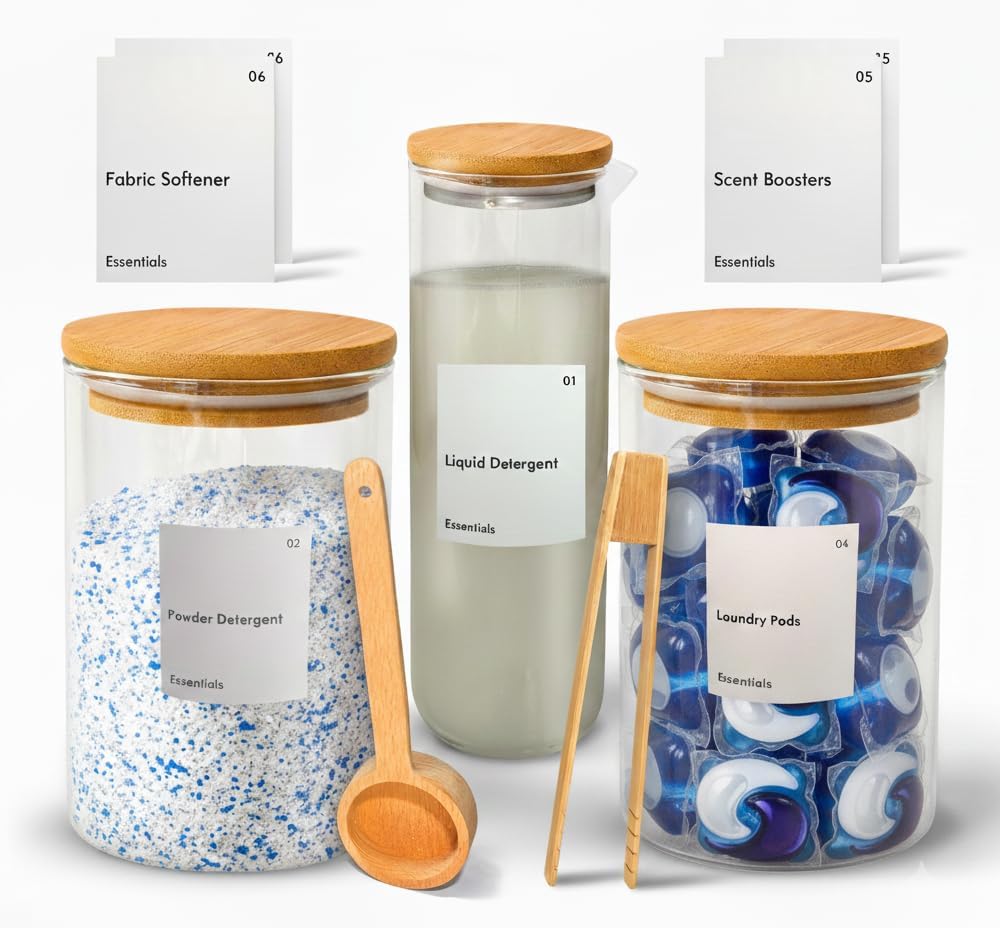 IVIZA Glass Laundry Detergent Dispenser & Storage Set – Liquid Detergent Pump, Fabric Softener Dispenser, Laundry Powder Jar & Dryer Sheet Holder – Complete Laundry Organization Set