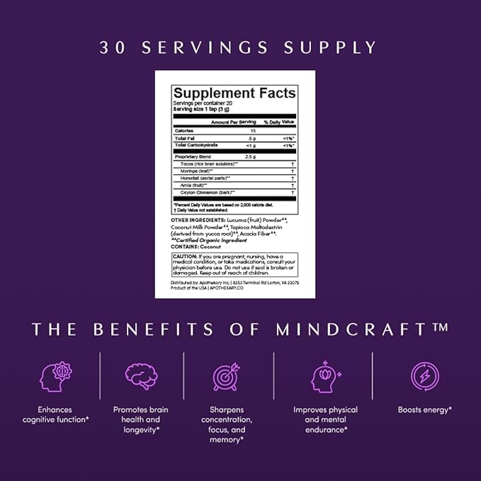 Apothékary Mindcraft Tincture, Cognition & Focus, Longevity and Anti-Aging Herbal Supplement, Brain Health Support, Vegan, 100 Servings