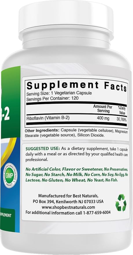 Best Naturals Vitamin B2 (Riboflavin) 400mg - Migraine Relief - Veggie Capsules - Conezyme Precursor - 120 Count (120 Count (Pack of 2))