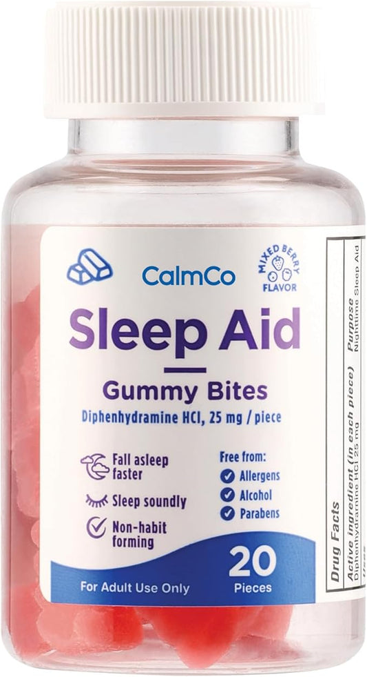 CalmCo Adult Sleep Aid Gummy Bites - Non-Habit Forming Sleep Support with 25mg Diphenhydramine, Easy-to-Chew Nighttime Sleep Aid Gummies, Promotes Better Sleep, and Fall Asleep Faster, 20 Count