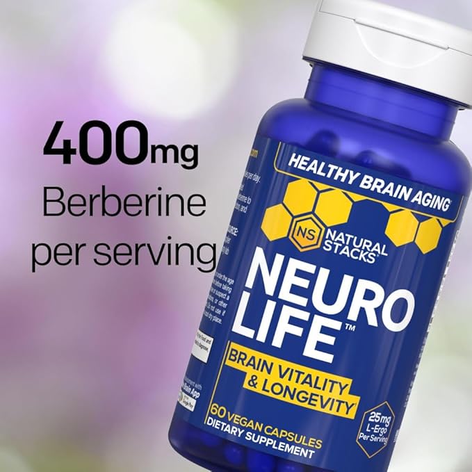 NeuroLife Longevity Supplement - 500mg Taurine & 400mg Berberine Supplement - Clinically Tested MitoPrime L-Ergothioneine - Brain Support for Cognitive Vitality - 60 Berberine Capsules