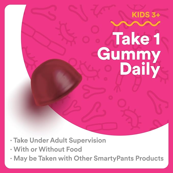 SmartyPants Kids Probiotic Gummies for Digestive Health: 2 Billion CFU Gut Health and Immune Support Supplement, Clinically Studied Probiotic, Gluten Free, Grape, 30 Count (30 Day Supply)