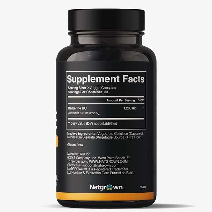 Natgrown Berberine Supplement - Berberine HCl 1200 mg Per Serving - Vegan, Gluten Free, Non-GMO - 60 Capsules