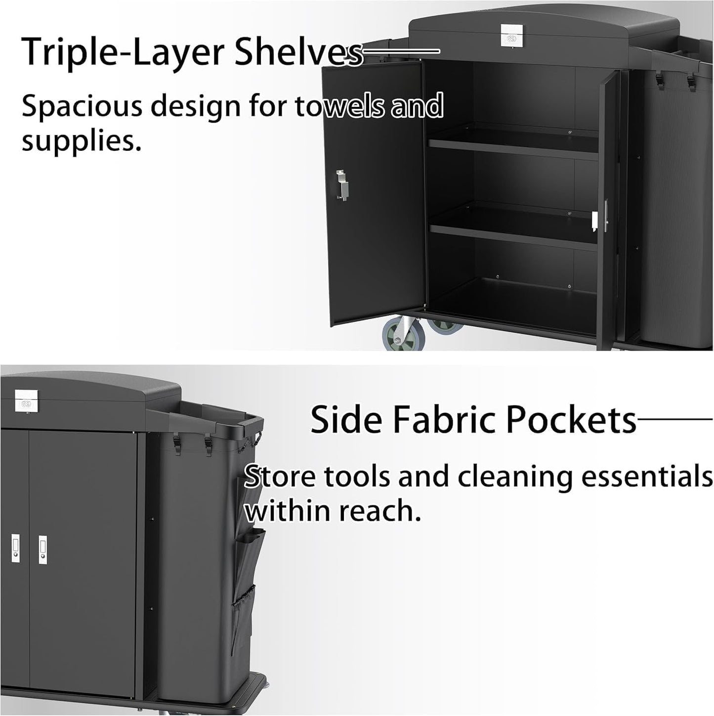 Heavy Duty Metal Housekeeping Janitorial Cart,Silent Casters,Locking Large Capacity Cabinets,Cleaning cart for Housekeeping/Commercial Facility/Hotel/Stadium/School(Black)