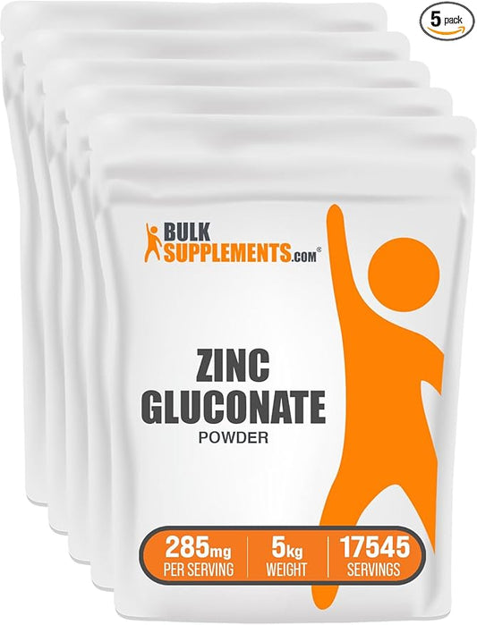 BulkSupplements.com Zinc Gluconate Powder - Zinc 40mg, Zinc Powder - Zinc Supplement for Immune Support - Gluten Free, 285mg per Serving, 5kg (11 lbs) (Pack of 5)