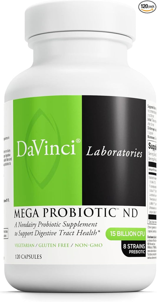 DAVINCI Labs Mega Probiotic ND - Non-Dairy Probiotic Supplement Supports Gut, Digestive & Brain Health* - Gut Health Support Supplement with Non-Dairy Complex* - 120 Vegetarian Caps