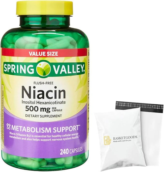 Spring Valley Vitamin B3 Niacin 500mg Flush Free Capsules, Dietary Supplement 240 Pills (Pack of 1) - Set by Basket Goods
