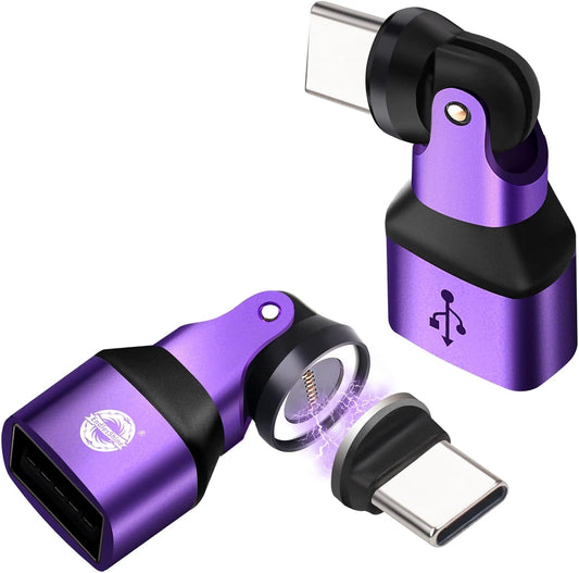 Mini USB A to C Magnetic Adapter 2 Pack, 480 Mbps USBC Male to USB 2.0 Female Adapter, USB C 90 Degree Right Angle Adaptor 180 & 360 Rotation 9PIN OTG Extender Connecter for Thumb Drive