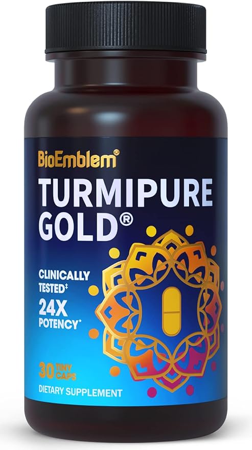 BioEmblem Turmeric Curcumin with Clinically Studied TurmiPure - 1 Small Cap Daily, 24x More Absorption Than Others - Joint Support, Healthy Inflammation Tumeric Supplements - Non-GMO - 30 Servings