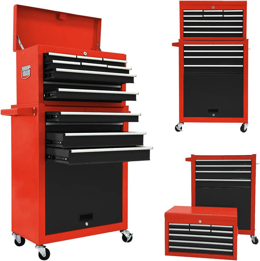 13 Drawer Tool Chest,Tool box with Wheels, Rolling Tool Cabinets with Drawers, Top Detachable Tool Chest with Hooks Handles for Workshop Mechanical Garage - (Black＆Red)