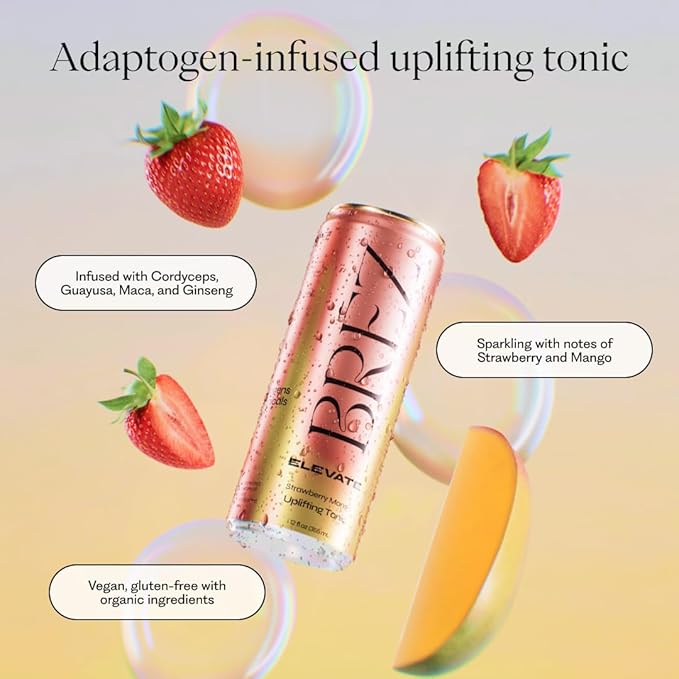 BRĒZ ELEVATE Cordyceps Mushroom Drink, Non-Infused Uplifting Tonic with Cordyceps, Guayusa, Maca & Ginseng, Vegan Adaptogen Drink for Focus, Drive & Mental Clarity, Strawberry Mango, 12 fl oz, 24 Pack