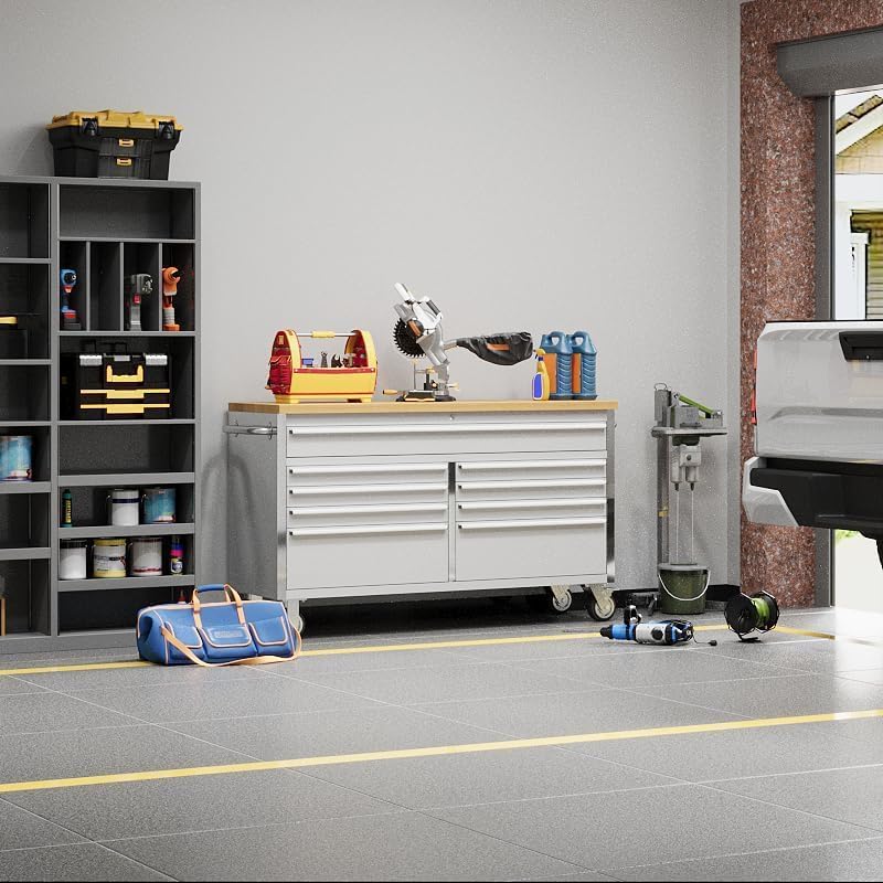 61 Inch Large Tool Chest with Lock - Tool Chest Workbench with 9 Drawers,4 Wheels(2 Can Be Braked),for Garage, Workshop, Warehouse Repair,Sliver