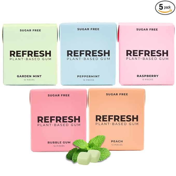Refresh Gum, Xylitol, Natural, Sugar Free, Plastic Free, Aspartame Free, Natural Flavors & Organic Ingredients, Plant-Based, Low Calorie, Non GMO, Gluten Free, Vegan, Sampler Pack Flavor, 12 Pcs, 5 Pack