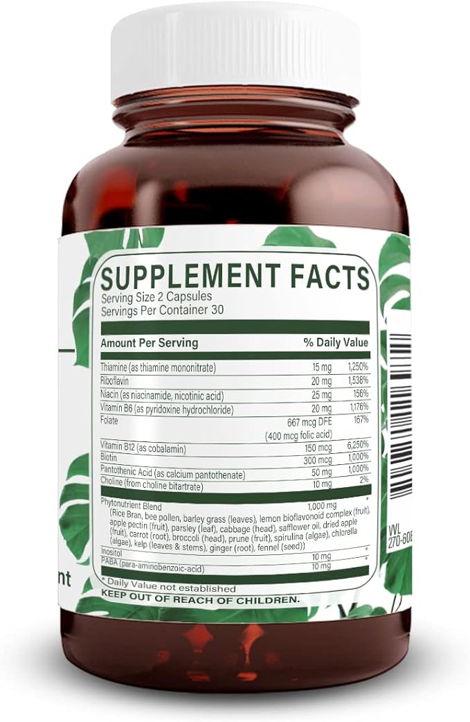 Natural Nutra Vitamin B Complex with Niacin, Folate, Thiamin, Biotin, Supports Nervous System Health, Promotes Metabolism, Skin, Eyes and Hair Health, Whole Food Supplement, 60 Vegetarian Capsules