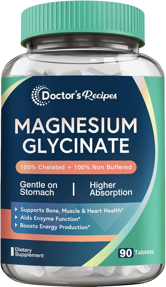 Doctor's Recipes Magnesium Glycinate, Chelated Magnesium with High Absorption & Non-Buffered, Easy on Stomach, No Gluten, Bone, Muscle, Nerve & Energy Support, 90 Tablets