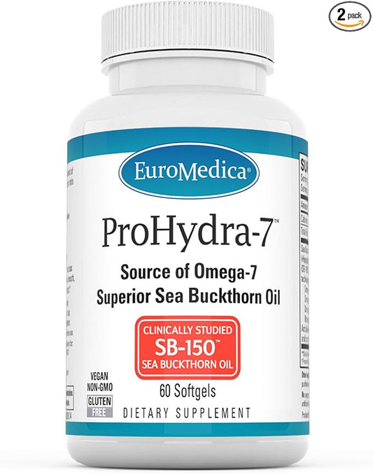 EuroMedica ProHydra-7 - Skin Health Support Supplement with Omega-7 Sea Buckthorn Oil - Nutritional Supplement - Essential Fatty Acid Supplement - 60 Softgels (2 Pack)