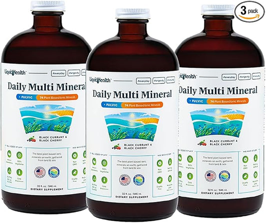 LIQUIDHEALTH Daily Multi Mineral Liquid Supplement with Fulvic Acid, Plant Based Ionic Aquamin Sea Trace Ocean Minerals - Immune Support, Energy, Gut Health, Detox - Made in USA, Vegetarian (3 Pack)