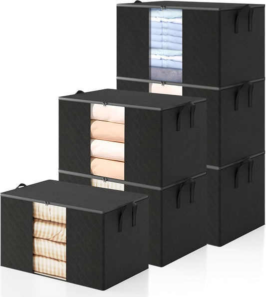 6 Pack Clothes Storage Bags - 90L Blanket Organizers and Storage for Closet Large Storage Bins with Lids and Zipper Storage Containers for King Comforter, Pillow and Sweater (Black, 6 Pack)