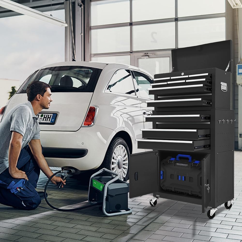 13-Drawer Double Door Rolling Tool Chest, 2 in 1 Detachable Tool Chest,Tool Box with Drawers and Wheels, Large Tool Cabinet with Lock, Metal Standing Toolbox for Garage Workshop-Black