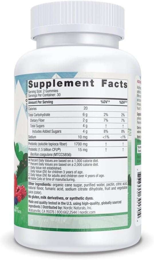 Nordic Naturals Kids Nordic Flora Probiotic Gummies, Merry Berry Punch - 60 Gummies - 1.5 Billion CFU & Prebiotic Fiber - Non-GMO, Vegan - 30 Servings