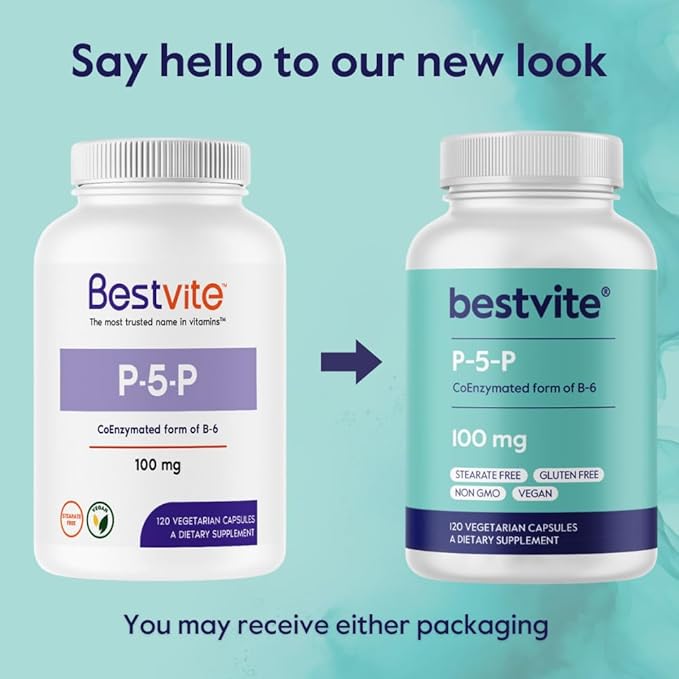 BESTVITE P-5-P 100mg (240 Vegetarian Capsules) (120 x 2) (CoEnzymated Form of B-6) - No Stearates - Vegan - Non GMO - Gluten Free