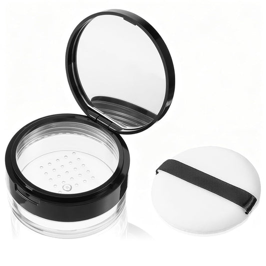 20g (0.7 oz) No Leaks Empty Reusable Plastic Loose Powder Container, Portable DIY Makeup Powder Container Compact Case Plastic Cosmetic Jars with Sponge Powders Puff Elasticated Net Sifter (Black)