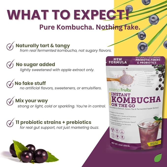 Essenzefruits Acai Kombucha Powder Tea Mix Beverage – Sugar Free, Fermented & Dried - Just Add Water! Probiotics & Prebiotics, Vitamin C - Makes up to 30 Cups (8 Oz, 226g)