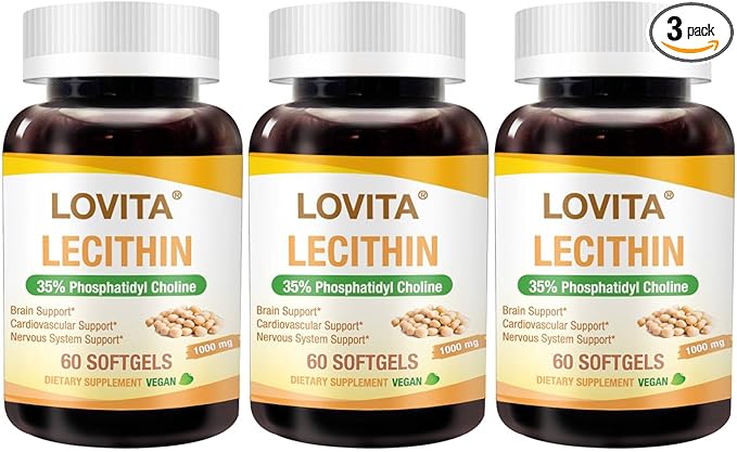 Lovita Lecithin, 1000mg per Softgel, 35% Phosphatidyl Choline | Lactation, Brain & Nerve Support | Vegan, Non-GMO, 60 Softgels (Pack of 3)