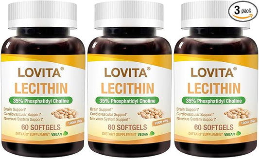 Lovita Lecithin, 1000mg per Softgel, 35% Phosphatidyl Choline | Lactation, Brain & Nerve Support | Vegan, Non-GMO, 60 Softgels (Pack of 3)