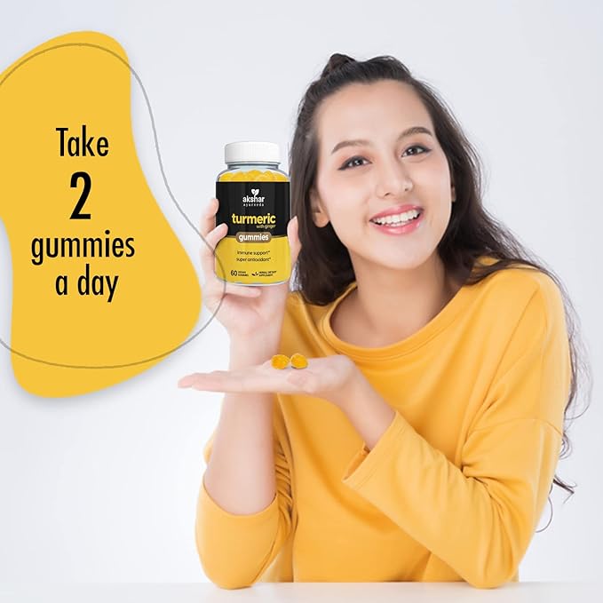Akshar Ayurveda - Turmeric with Ginger Gummies - Immune Support Turmeric Curcumin Supplements with Ginger Root and Piperine Black Pepper Super Antioxidant - Vegan Cruelty-Free (60 Vegan Gummies)