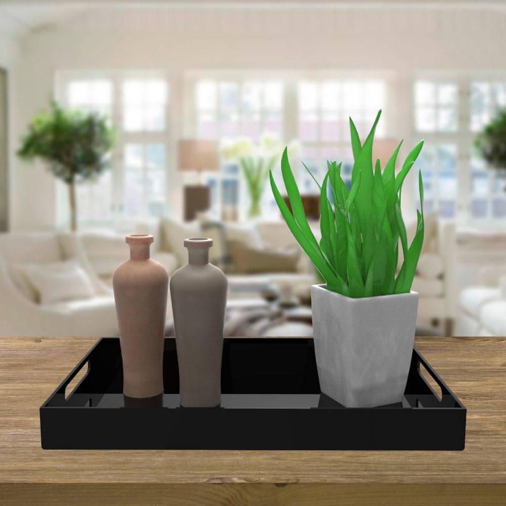 Black Acrylic Serving Tray for Vanity, Bathroom, Ottoman, Organizer and Decor with Handles (Rectangle, Large)