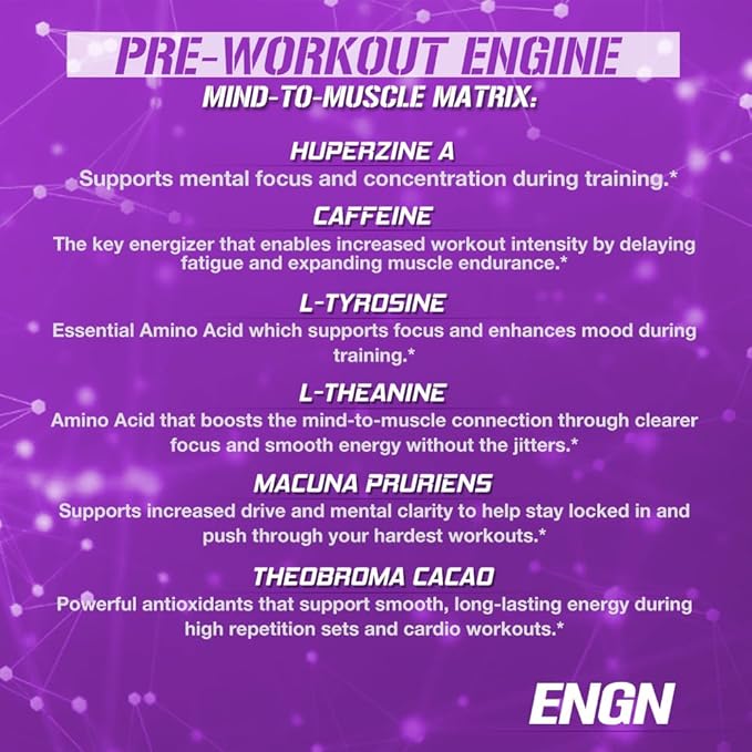 EVL Intense Pre Workout with Creatine - ENGN Energizing Pre Workout for Men Powder Drink for Lasting Energy Focus and Recovery - with Beta Alanine Caffeine and L Theanine - Furious Grape