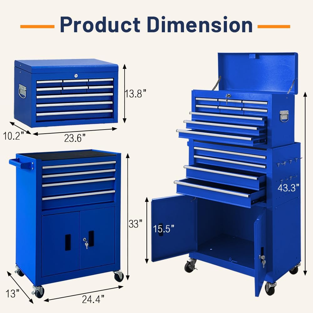 13-Drawer Double Door Rolling Tool Chest, 2 in 1 Detachable Tool Chest,Tool Box with Drawers and Wheels, Large Tool Cabinet with Lock, Metal Standing Toolbox for Garage Workshop-Blue