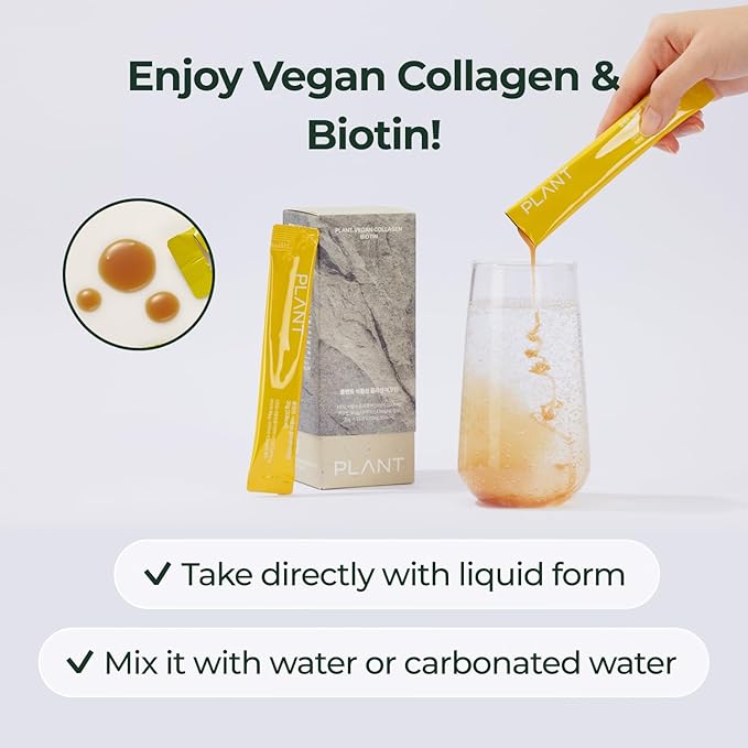 PLANT Vegan Liquid Collagen + Biotin + Niacin | 2,000mg Hydrolyzed Collagen Peptides | Kosher & Halal Certified| Lemon Flavor| Skin, Hair & Nail Support| 363Da Ultra Low Molecular |15 Stick Packs