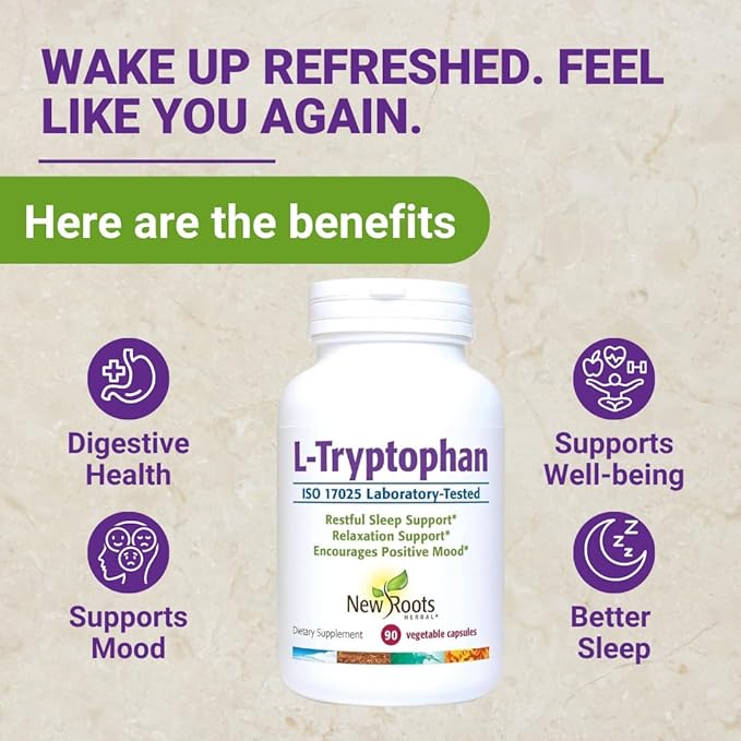 NEW ROOTS HERBAL L-Tryptophan Supplement for Sleep (90 Capsules) 220mg, Herbal Supplement for Healthy Sleep, Mood and Stress Response Support – Gluten-Free, Non-GMO