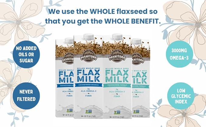 Manitoba Milling Company Original Flax Milk| Unsweetened | 3000mg ALA OMEGA-3 | 2 Tbsp Flaxseed per Serving | 4g Protein & 3g Fiber | Non-GMO, Plant-Based, Non-Dairy| Shelf-Stable, 32 oz (Pack of 6)