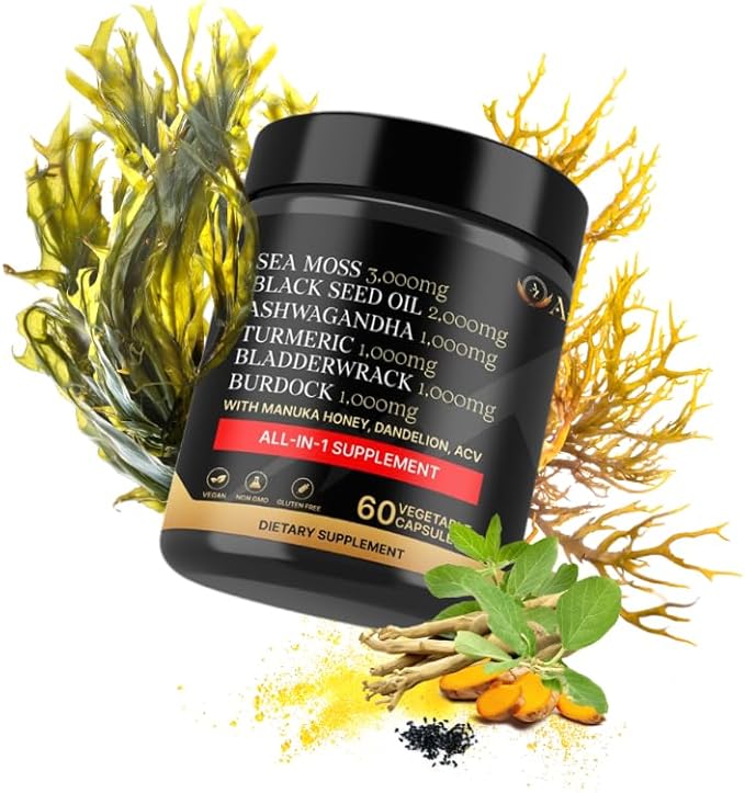Sea Moss Capsules - Health Supplements - True Seamoss Black Seed Oil Ashwagandha Burdock Root, Tumeric Supplement with Manuka Honey, Dandelion Root ACV - 60 Capsules