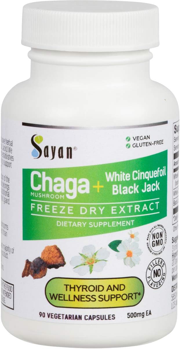 Sayan Siberian Chaga Mushroom + White Cinquefoil & Black Jack Extract – 90 Capsules/500mg ea – Organic & All-Natural Mushroom Supplement for Women – Vegan, Non-GMO, Gluten-Free No Fillers or Additives